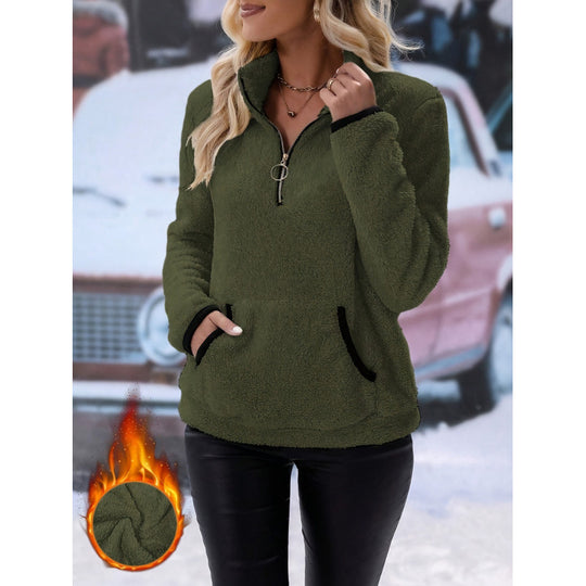 Damen Weicher Teddy-Pullover im lässigen Look mit halben Reißverschluss EB