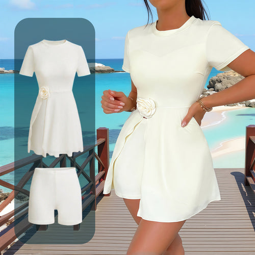 Damen elegantes Strandkleid mit dekorativem Blumenakzent EB