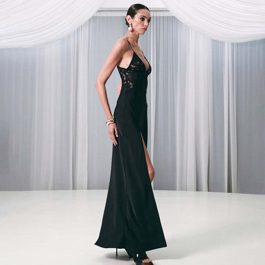 Damen Elegantes Maxikleid mit Spitzenbesatz EB