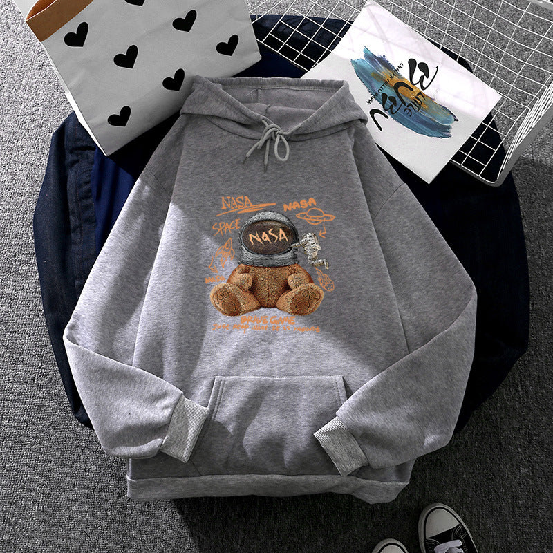 Damen nan lässiger Hoodie mit Astronauten‑Teddy‑Print, Kängurutasche und weichem Fleece-Innenfutter EB