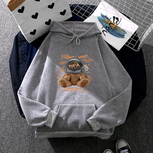 Damen nan lässiger Hoodie mit Astronauten‑Teddy‑Print, Kängurutasche und weichem Fleece-Innenfutter EB
