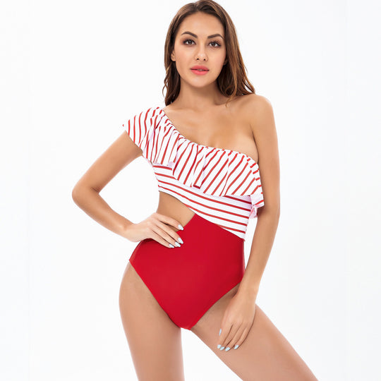 Damen Einteiler Badeanzug mit asymmetrischem Schnitt und raffinierten Rüschendetails EB