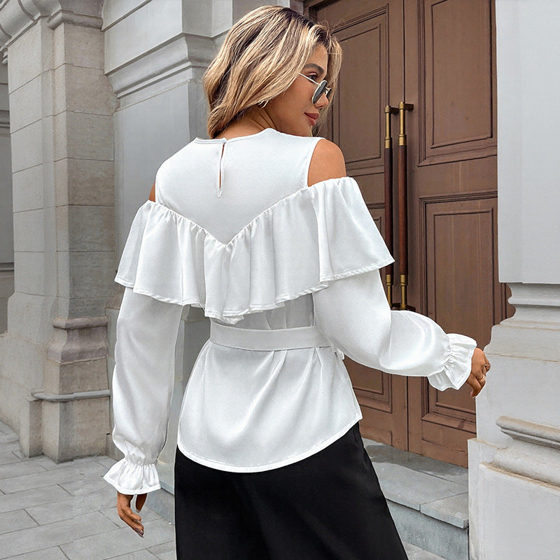Damen Elegant-Volant-Bluse mit Cut-Out-Schulter und Bindegürtel EB