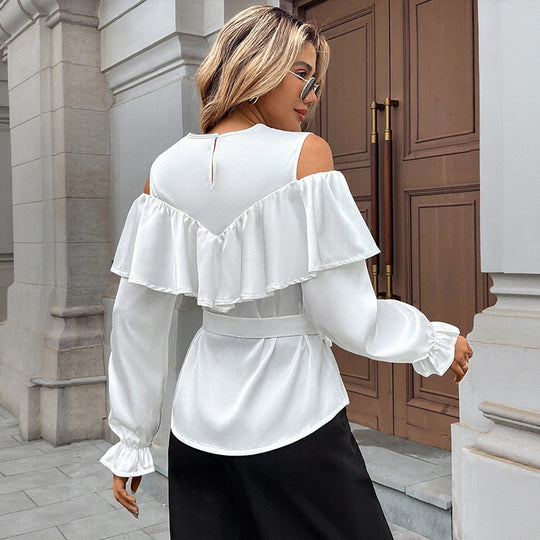 Damen Elegant-Volant-Bluse mit Cut-Out-Schulter und Bindegürtel EB