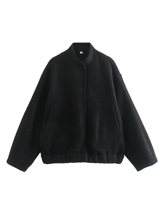 Damen Oversized Strickjacke aus weichem Teddystoff mit Stehkragen und seitlichen Taschen EB