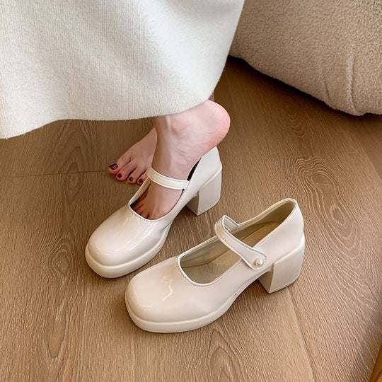 Damen elegante Mary Jane Schuhe mit Perlenschnalle EB