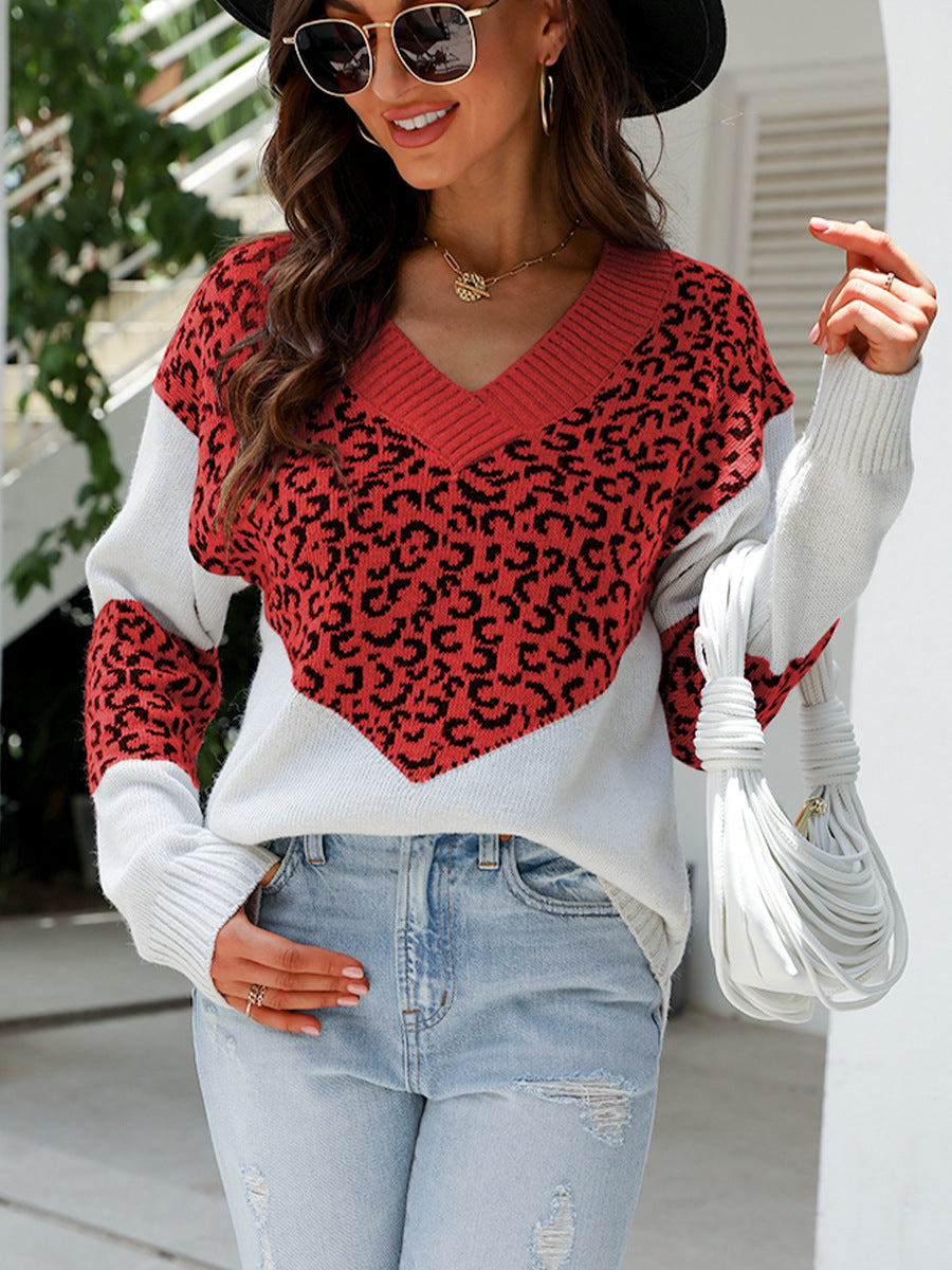 Damen Modischer Pullover mit einzigartigem Leopardenmuster und V-Ausschnitt EB