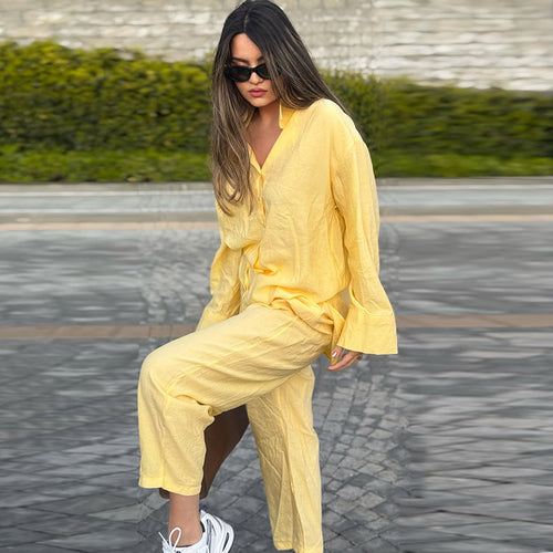 Damen luftige Loungewear-Kombination mit weitem Schnitt und langen Ärmeln EB