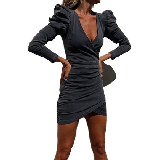 Damen schickes Wickelkleid mit Puffärmeln und Raffung EB