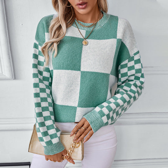 Damen modischer Pullover mit Karomuster und lässigem Schnitt EB