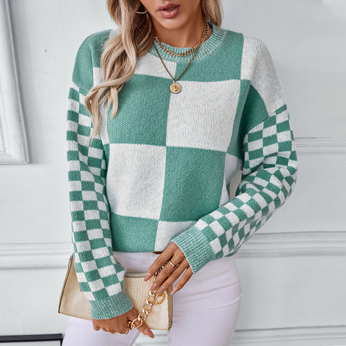 Damen modischer Pullover mit Karomuster und lässigem Schnitt EB