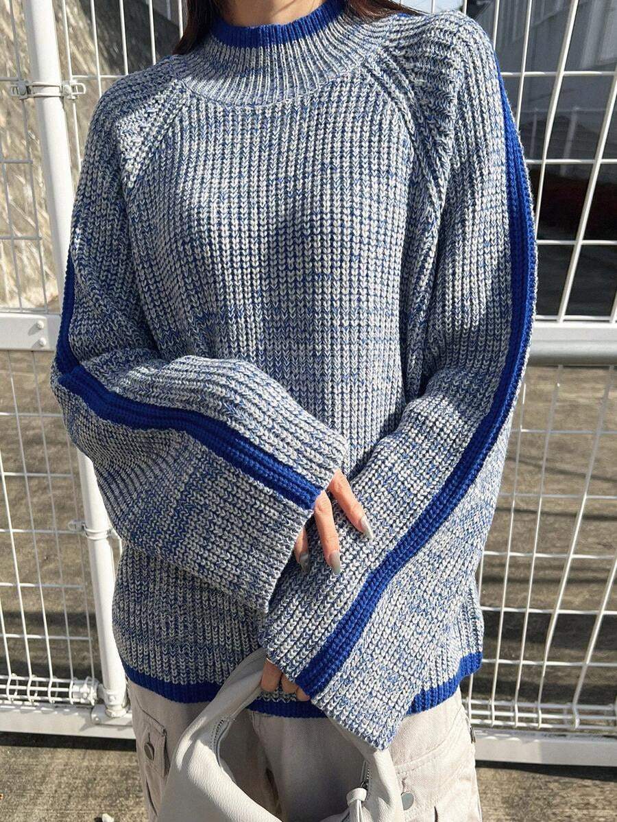 Damen lässiger Pullover mit gestricktem Strukturmuster und farblich abgesetzten Ärmelbündchen EB