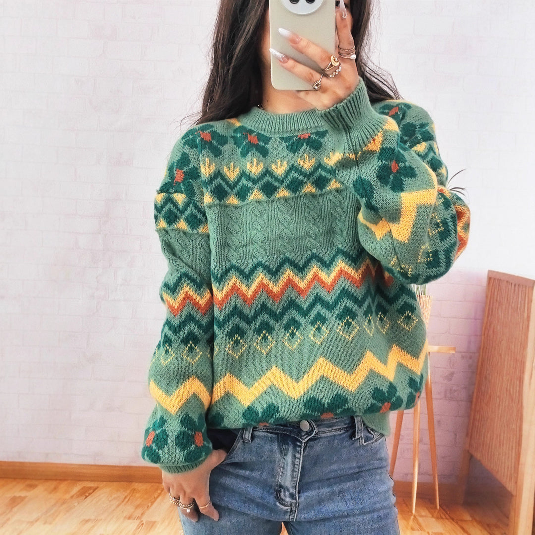 Damen Grobstrickpullover mit buntem Zickzackmuster und floralen Akzenten EB