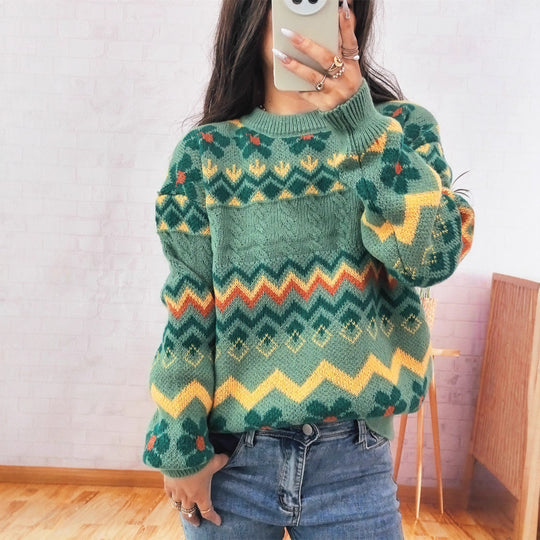 Damen Grobstrickpullover mit buntem Zickzackmuster und floralen Akzenten EB