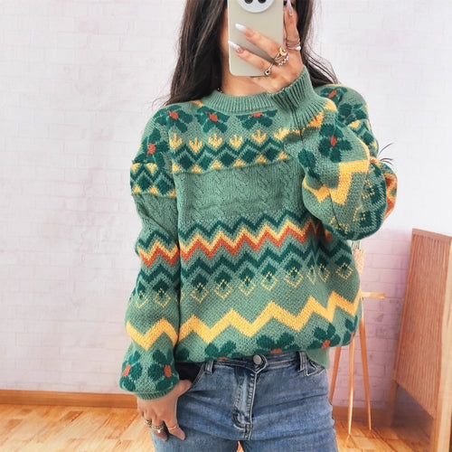 Damen Grobstrickpullover mit buntem Zickzackmuster und floralen Akzenten EB