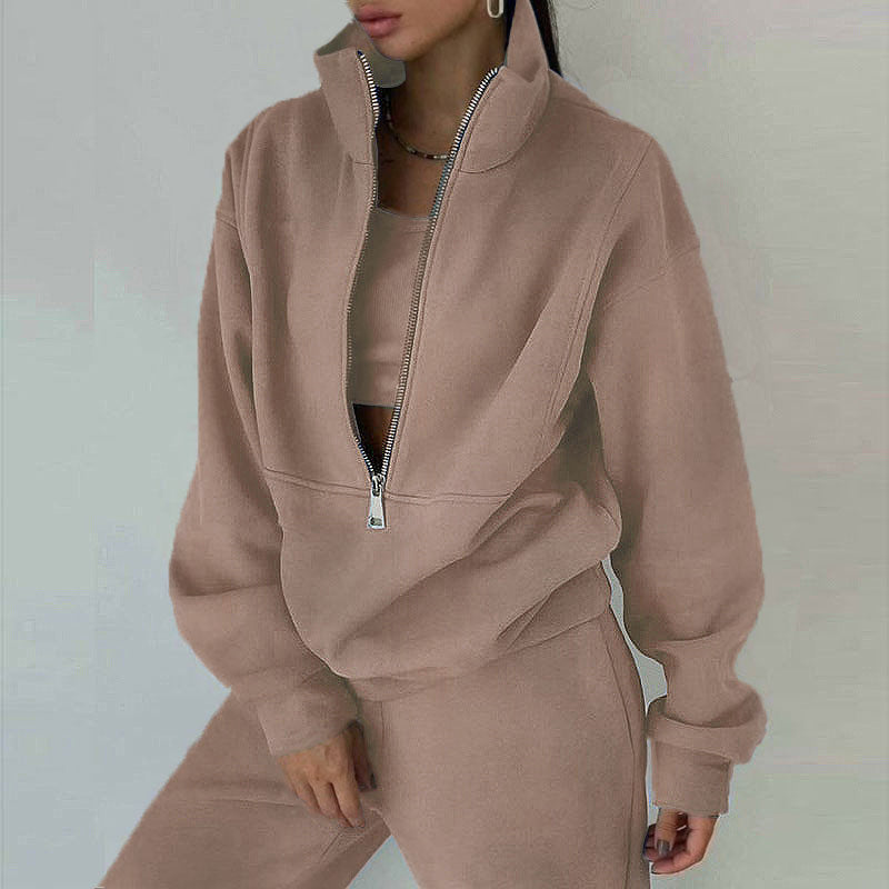 Damen nan kurzes Halbzip-Sweatshirt-und-Jogginghose-Set mit Stehkragen, oversized Schnitt und weichem French-Terry EB