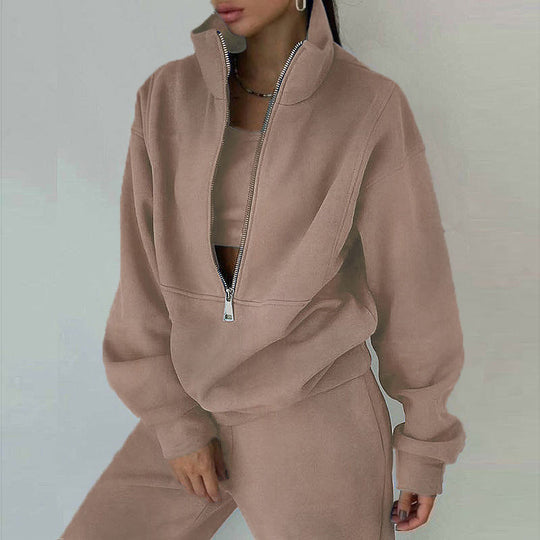 Damen nan kurzes Halbzip-Sweatshirt-und-Jogginghose-Set mit Stehkragen, oversized Schnitt und weichem French-Terry EB