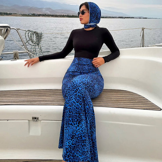 Damen Maxikleid mit trendigem Leopardenmuster und schickem Schal EB