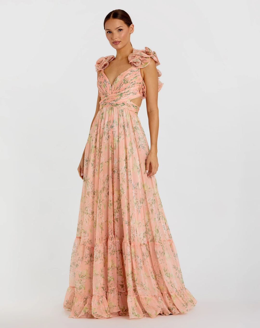Damen Maxi-Kleid mit floralen Rüschen und schwingendem Design EB
