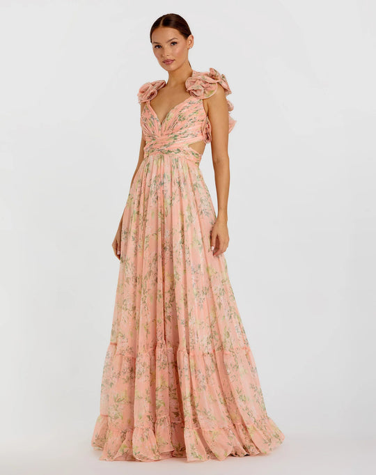 Damen Maxi-Kleid mit floralen Rüschen und schwingendem Design EB