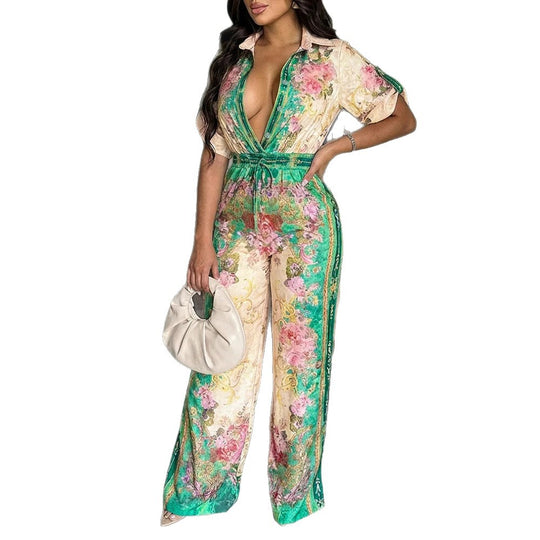 Damen Satin-Jumpsuit mit Hemdkragen, tiefem V-Ausschnitt und weitem Palazzobein EB