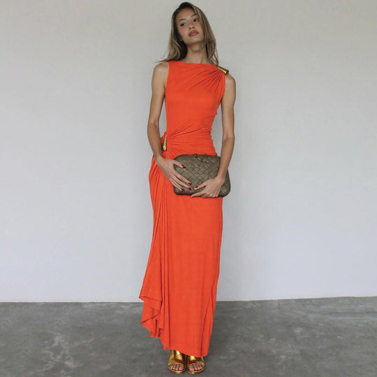 Damen Elegantes Maxikleid mit asymmetrischem Schnitt und Raffungen EB