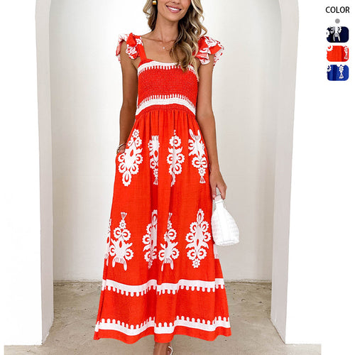 Damen Maxikleid mit floralen Stickereien und Rüschendetails EB