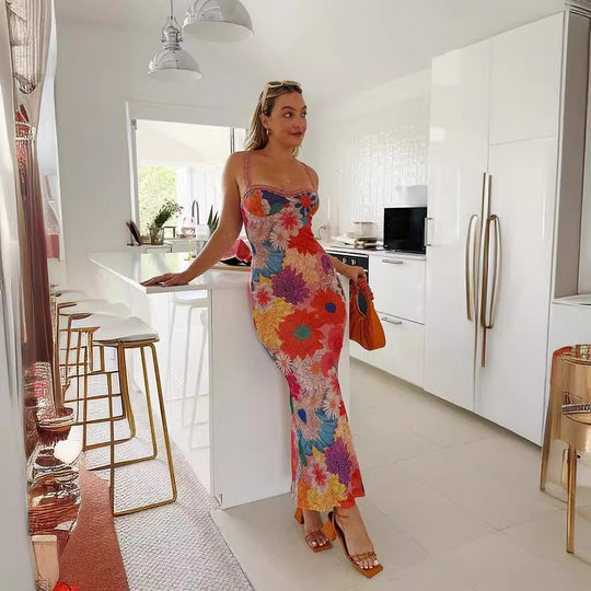 Damen Blumen-Midi-Kleid mit Spitzenträgern und figurbetontem Schnitt EB