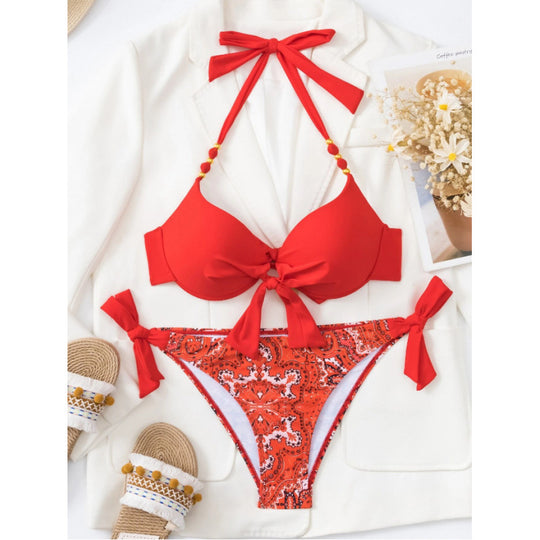 Damen Bikini-Set mit modischen Bindebändern und herausgearbeitetem Muster EB