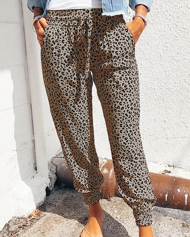 Damen nan lässige Leoparden-Print Jogginghose mit Tunnelzug, Eingrifftaschen und elastischen Bündchen EB