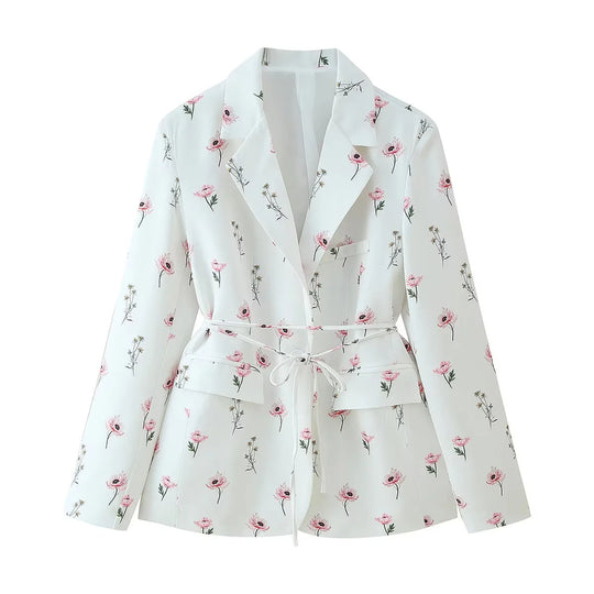 Damen taillierter Blazer mit floralem Muster und Bindegürtel EB