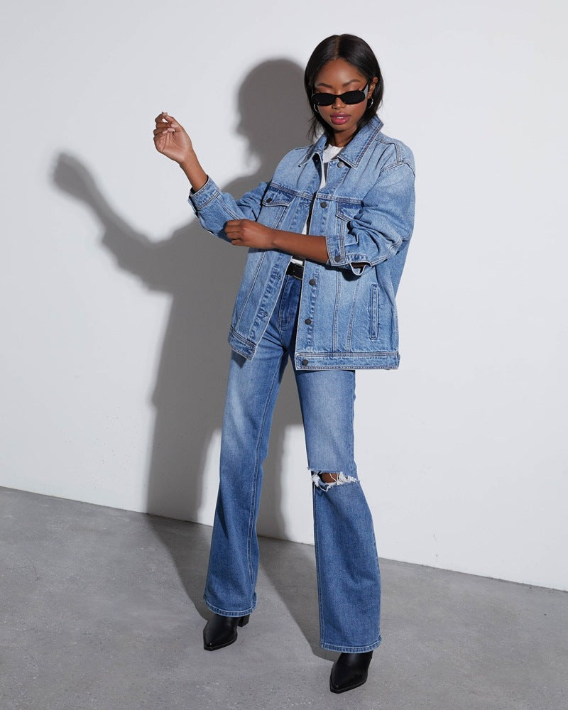 Damen Modische Oversized Jeansjacke mit lässigem Schnitt EB