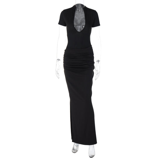 Damen Elegantes Maxikleid mit tiefem Ausschnitt und Raffungen EB