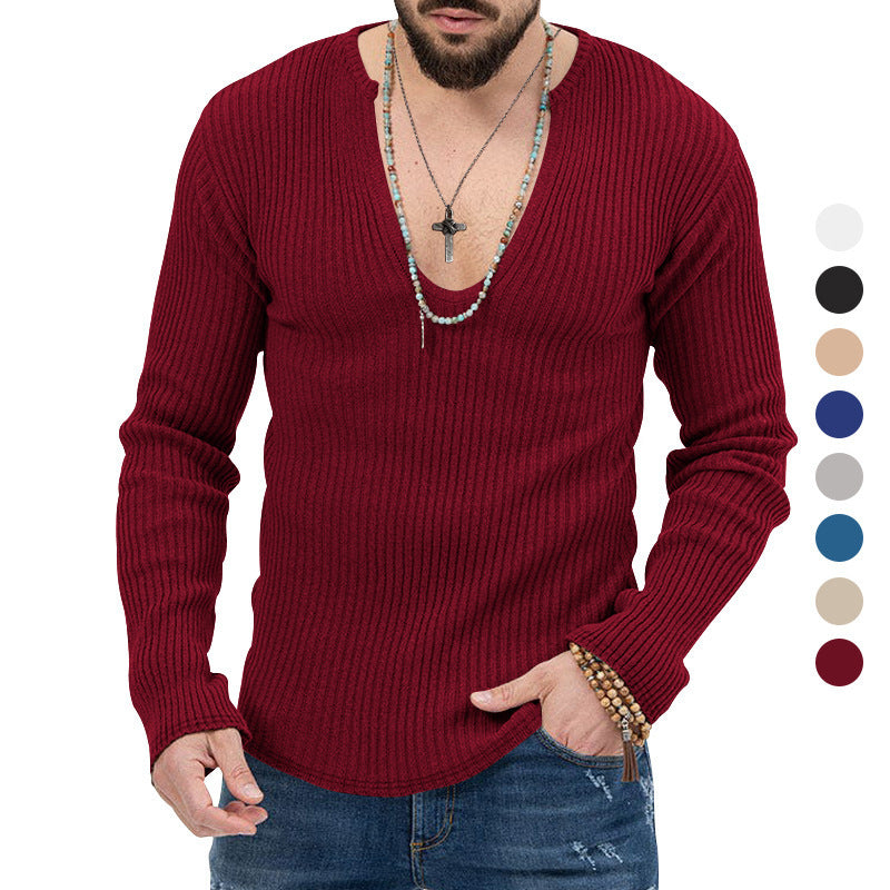 Herren Langarm-Rippenpullover mit tiefem V-Ausschnitt und modernem Schnitt EB