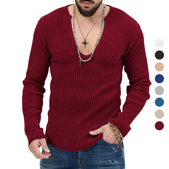 Herren Langarm-Rippenpullover mit tiefem V-Ausschnitt und modernem Schnitt EB