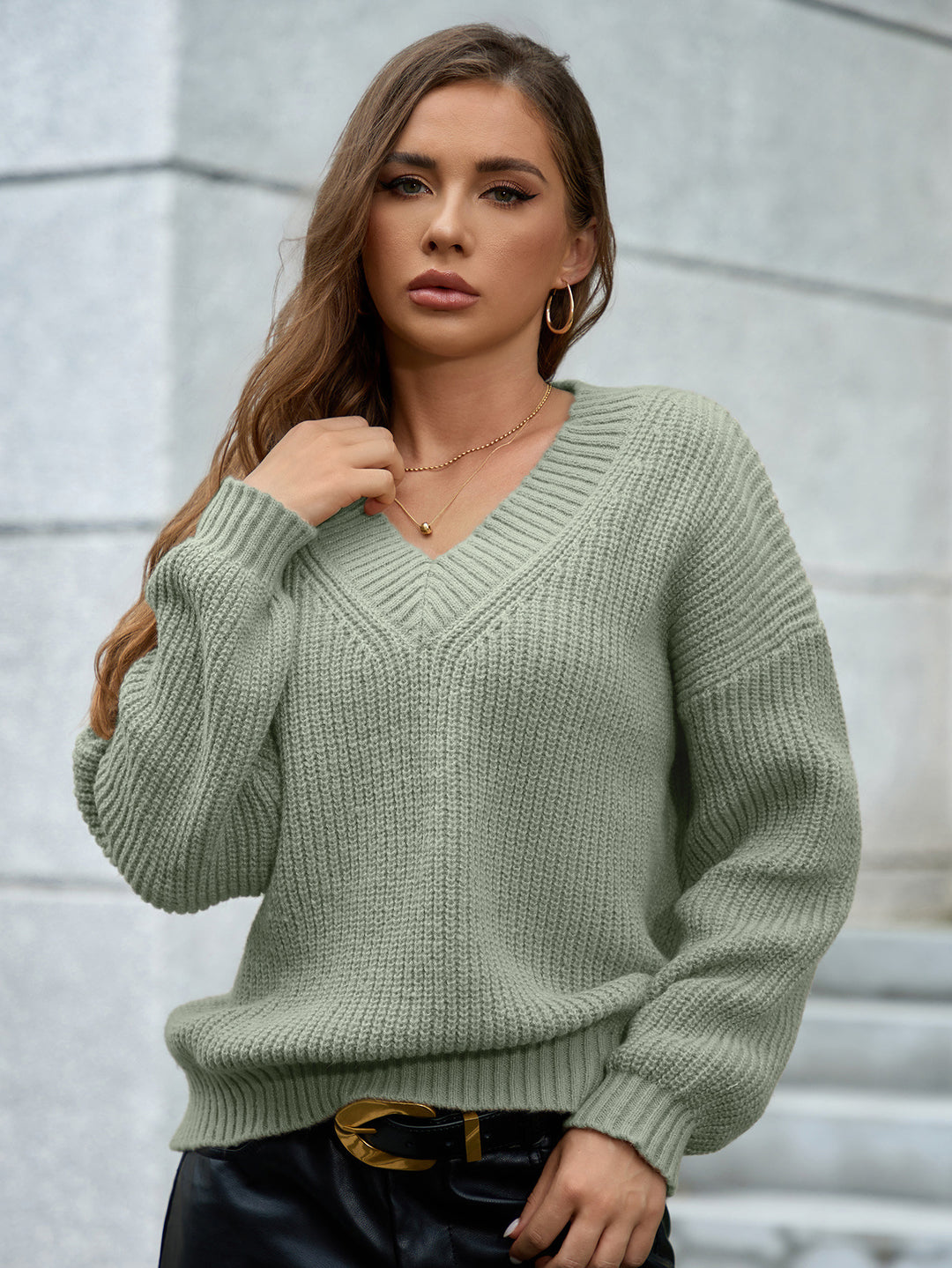 Damen gemütlicher V-Ausschnitt Strickpullover mit lockerem Schnitt und strukturiertem Muster EB
