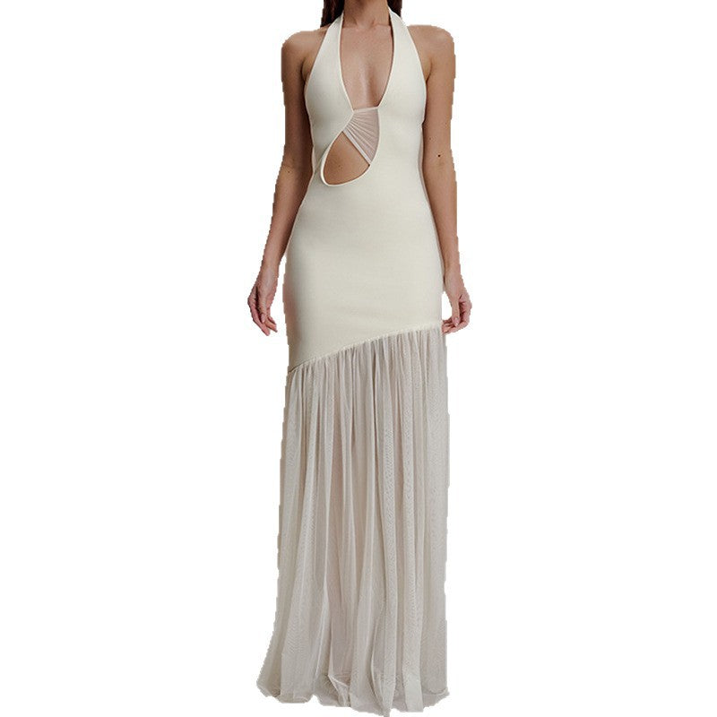 Damen Elegantes Maxikleid mit asymmetrischem Schnitt und tiefem V-Ausschnitt EB