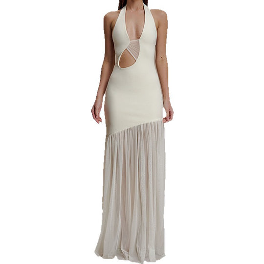 Damen Elegantes Maxikleid mit asymmetrischem Schnitt und tiefem V-Ausschnitt EB