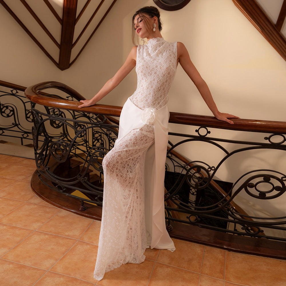 Damen Elegantes Hochzeitskleid mit Spitze und schwingendem Rock EB