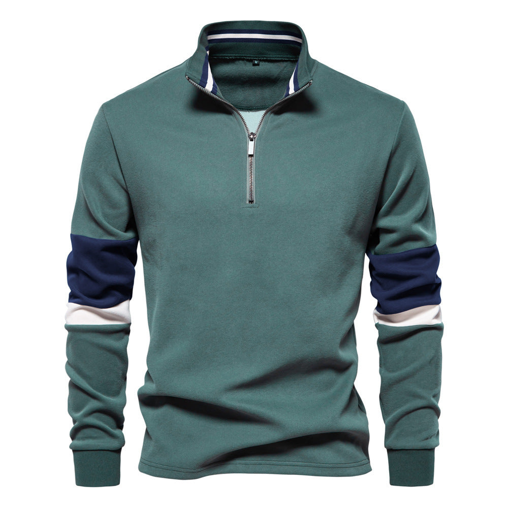 Herren nan Halbzip-Pullover mit Stehkragen, gestreiftem Krageninnenband und Kontrastärmeln EB