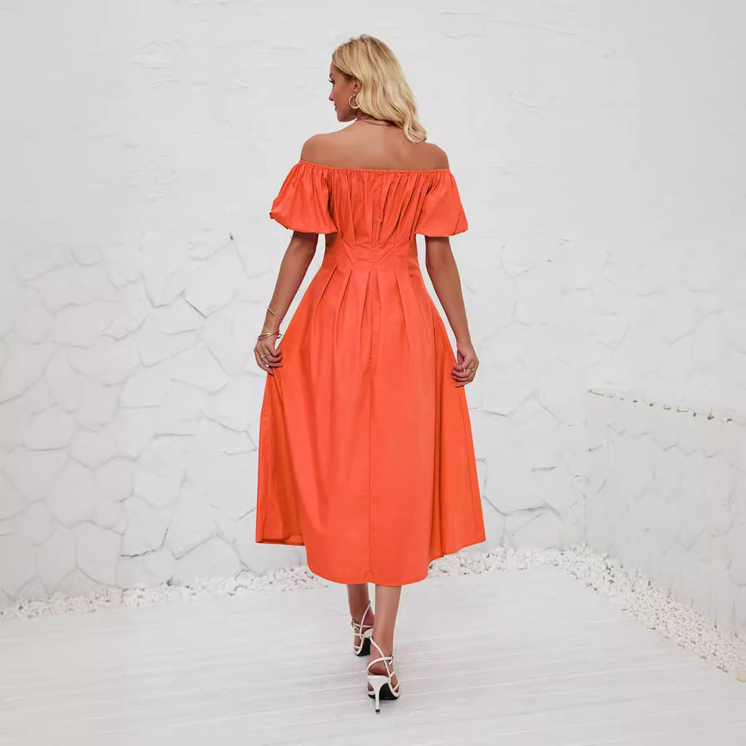 Damen Off-Shoulder Maxikleid mit voluminösen Puffärmeln und seitlichen Taschen EB