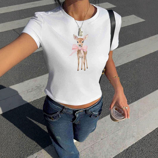 Damen T-Shirt mit süßem Reh-Motiv und farbenfrohem Aufdruck EB
