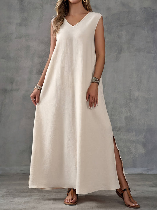 Damen Maxi-Strandkleid mit elegantem V-Ausschnitt und seitlichem Schlitz EB