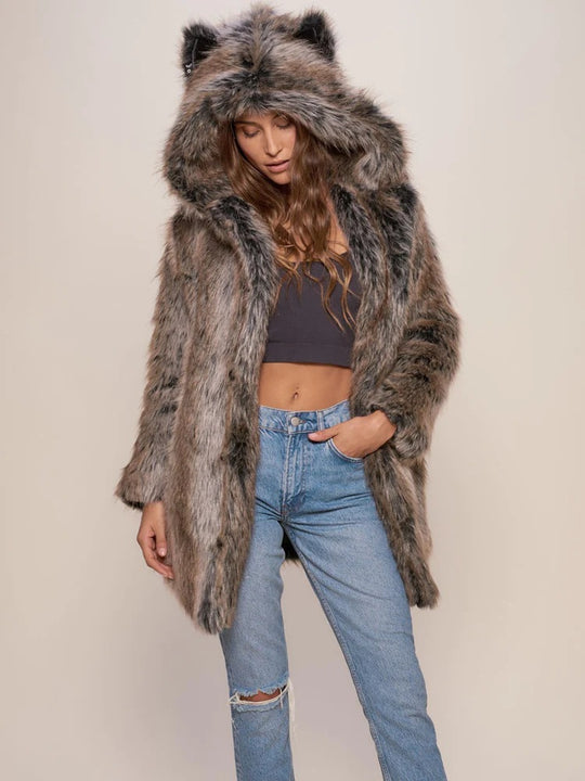 Damen Hooded Faux-Fur-Mantel mit Ohrenschützer EB