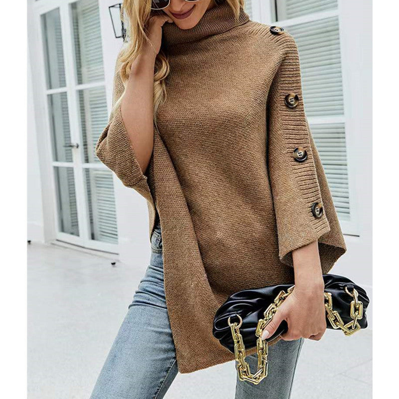 Damen Strick-Poncho mit steigendem Kragen und dekorativen Knopfdetails EB