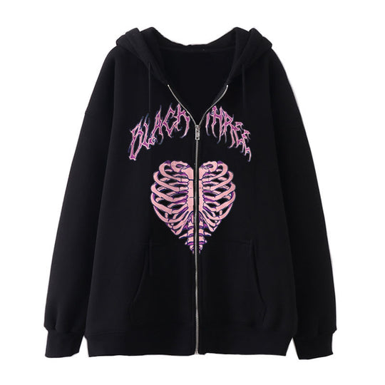 Damen nan Kapuzenjacke mit durchgehendem Reißverschluss und Rippenherz-Print EB