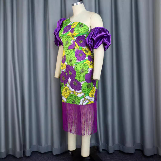 Damen Elegantes Schulterfreies Kleid mit voluminösen Puffärmeln und Fransen EB
