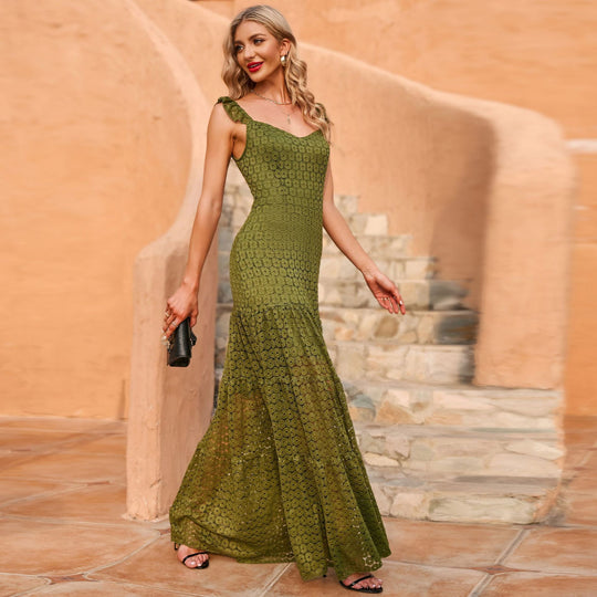 Damen Maxikleid mit exquisite Häkelstruktur und fließendem Rock EB