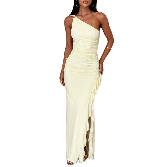 Damen Raffung Maxikleid mit asymmetrischem Ausschnitt und verspieltem Rüschendesign EB