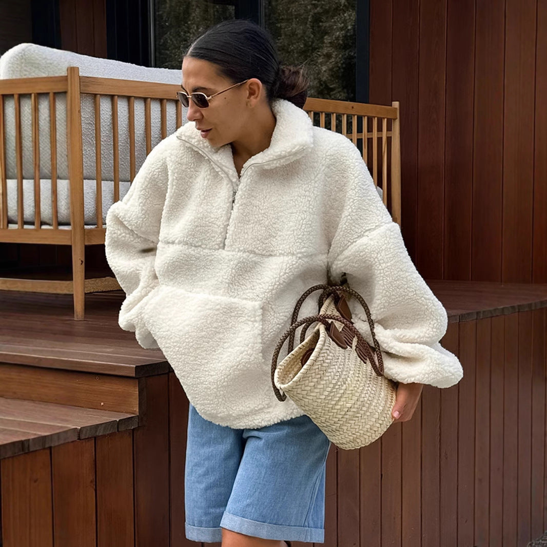 Damen Fleece-Pullover mit hohem Kragen und seitlichen Taschen EB